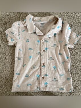 Carter's Cream Short Sleeve Shirt with Teal Tropical Motifs